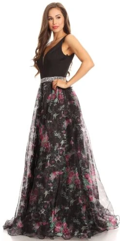 Eureka 7020 Floral Printed Gown V-Neck Embellished Waist(Black Floor Length Floral Printed Prom Gown V Neck Embellished Waist) -Dress Promotion Store 7020 eureka black right view