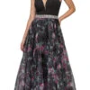 Eureka 7020 Floral Printed Gown V-Neck Embellished Waist(Black Floor Length Floral Printed Prom Gown V Neck Embellished Waist) -Dress Promotion Store 7020 eureka fashion black
