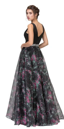 Eureka 7020 Floral Printed Gown V-Neck Embellished Waist(Black Floor Length Floral Printed Prom Gown V Neck Embellished Waist) -Dress Promotion Store 7020 eureka fashion black back
