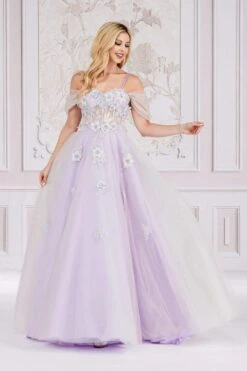 Amelia Couture 7044 Long A-Line Two Tone Tulle Skirt Cold Shoulder Gown(Amelia Couture 7044 Long A Line Two Tone Tulle Skirt Cold Shoulder Gown) -Dress Promotion Store 7044 LILAC FULL