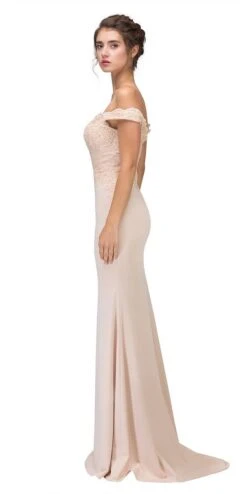 Eureka 7100 Lace Appliqued Bodice Long Dress Off-Shoulder(Lace Appliqued Bodice Long Formal Dress Off Shoulder Burgundy) -Dress Promotion Store 7100 eureka fashion champagne side view 1b5255b3 7f7f 49fa b8a9 ca235ebf6199