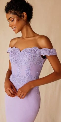 Eureka 7100 Lace Appliqued Bodice Long Dress Off-Shoulder(Lace Appliqued Bodice Long Formal Dress Off Shoulder Burgundy) -Dress Promotion Store 7100Lilac1