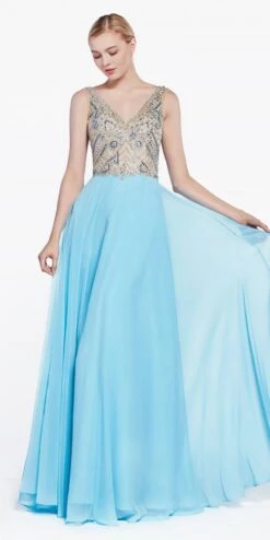 Cinderella Divine 71190 Long Dress Beaded Top Open Back(Long Prom Dress Beaded Top Open Back Sky Blue)
