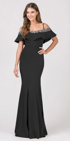 Eureka 7333 Embellished Cold-Shoulder Long Dress(Embellished Cold Shoulder Long Prom Dress Red) -Dress Promotion Store 7333 eureka fashion black