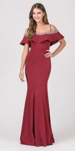 Eureka 7333 Embellished Cold-Shoulder Long Dress(Embellished Cold Shoulder Long Prom Dress Red) -Dress Promotion Store 7333 eureka fashion burgundy