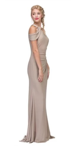 Eureka 7400 Cold-Shoulder Ruched Floor Length Dress(Beige Cold Shoulder Floor Length Formal Dress Ruched) -Dress Promotion Store 7400 eureka fashion beige side view