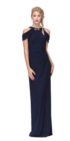 Eureka 7400 Cold-Shoulder Ruched Floor Length Dress(Beige Cold Shoulder Floor Length Formal Dress Ruched) -Dress Promotion Store 7400 eureka fashion navy blue