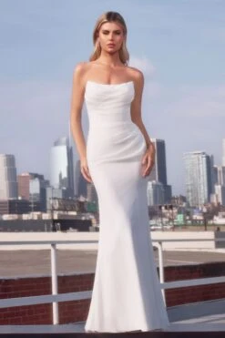 Ladivine 7434W Strapless Chiffon Fitted Off-White Dress(Ladivine 7434w Strapless Chiffon Fitted Off White Dress)