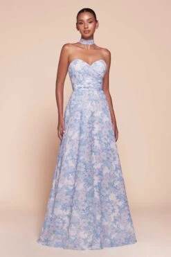 Ladivine 7443 Dress Strapless A-Line Floral Satin Dress(Ladivine 7443 Dress Strapless A Line Floral Satin Dress)