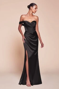 Ladivine 7448 Dress Long One Shoulder Satin Corset Gown(Ladivine 7448 Dress Long One Shoulder Satin Corset Gown) -Dress Promotion Store 7448 LADIVINE BLACK
