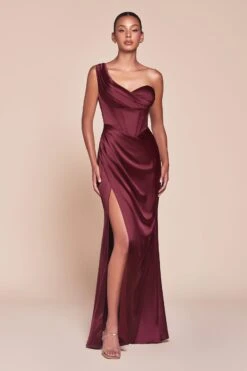 Ladivine 7448 Dress Long One Shoulder Satin Corset Gown(Ladivine 7448 Dress Long One Shoulder Satin Corset Gown) -Dress Promotion Store 7448 LADIVINE BURGUNDY