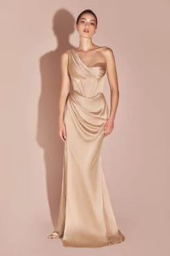 Ladivine 7448 Dress Long One Shoulder Satin Corset Gown(Ladivine 7448 Dress Long One Shoulder Satin Corset Gown) -Dress Promotion Store 7448 LADIVINE CHAMPAGNE