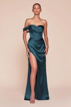 Ladivine 7448 Dress Long One Shoulder Satin Corset Gown(Ladivine 7448 Dress Long One Shoulder Satin Corset Gown) -Dress Promotion Store 7448 LADIVINE FRENCH NAVY
