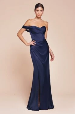 Ladivine 7448 Dress Long One Shoulder Satin Corset Gown(Ladivine 7448 Dress Long One Shoulder Satin Corset Gown) -Dress Promotion Store 7448 LADIVINE NAVY