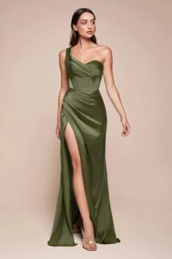 Ladivine 7448 Dress Long One Shoulder Satin Corset Gown(Ladivine 7448 Dress Long One Shoulder Satin Corset Gown) -Dress Promotion Store 7448 LADIVINE OLIVE