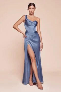 Ladivine 7448 Dress Long One Shoulder Satin Corset Gown(Ladivine 7448 Dress Long One Shoulder Satin Corset Gown)