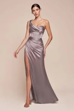 Ladivine 7448 Dress Long One Shoulder Satin Corset Gown(Ladivine 7448 Dress Long One Shoulder Satin Corset Gown) -Dress Promotion Store 7448 LADIVINE TAUPE