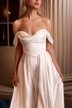 Ladivine 7449W A-Line Fitted Bodice Off The Shoulder Satin Wedding Dress(Ladivine 7449w A Line Fitted Bodice Off The Shoulder Satin Wedding Dress) -Dress Promotion Store 7449W OFF WHITE 2