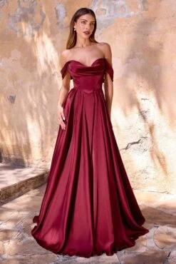 Ladivine 7449 A-Line Fitted Bodice Off The Shoulder Satin Dress(Ladivine 7449 A Line Fitted Bodice Off The Shoulder Satin Dress) -Dress Promotion Store 7449 BURGUNDY FRONT