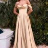 Ladivine 7449 A-Line Fitted Bodice Off The Shoulder Satin Dress(Ladivine 7449 A Line Fitted Bodice Off The Shoulder Satin Dress) -Dress Promotion Store 7449 CHAMPAGNE FRONT