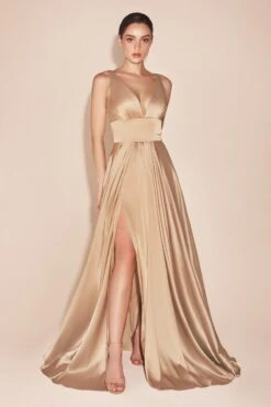 Cinderella Divine 7469 Long Satin Bridesmaid Dress A-Line V-Neckline(Cinderella Divine 7469 Long Burgundy Bridesmaid Dress A Line V Back) -Dress Promotion Store 7469 gold front b77e282a 58fc 4315 896e cdb300679229