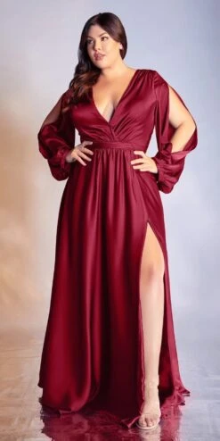 Ladivine 7475C Long Split Blouson Sleeve Formal Dress Thigh Split(Plus Size Long Split Blouson Sleeve Emerald Green Formal Dress Thigh Split) -Dress Promotion Store 7475 cinderella divine burgundy plus