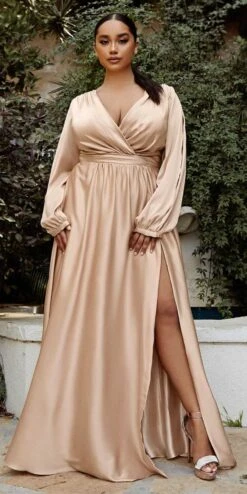 Ladivine 7475C Long Split Blouson Sleeve Formal Dress Thigh Split(Plus Size Long Split Blouson Sleeve Emerald Green Formal Dress Thigh Split) -Dress Promotion Store 7475 cinderella divine nude