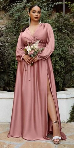 Ladivine 7475C Long Split Blouson Sleeve Formal Dress Thigh Split(Plus Size Long Split Blouson Sleeve Emerald Green Formal Dress Thigh Split) -Dress Promotion Store 7475 cinderella divine rose gold
