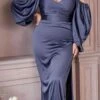 Cinderella Divine 7482C Long Sleeve Off The Shoulder Soft Satin Fitted Dress(Cinderella Divine 7482 Long Sleeve Off The Shoulder Soft Satin Fitted Dress) -Dress Promotion Store 7482C smokyblue