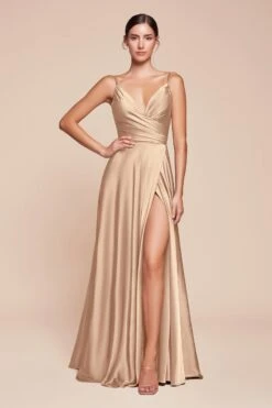 Cinderella Divine 7485 Sweetheart Neckline Soft Satin A-Line Formal Dress(Sweetheart Neckline Soft Satin A Line Formal Dress With Slit) -Dress Promotion Store 7485 LADIVINE CHAMPAGNE GOLD FRONT