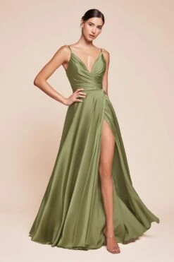 Cinderella Divine 7485 Sweetheart Neckline Soft Satin A-Line Formal Dress(Sweetheart Neckline Soft Satin A Line Formal Dress With Slit) -Dress Promotion Store 7485 LADIVINE GREENERY FRONT