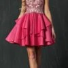 Juliet 760 Embellished Bodice Layered Skirt Short Dress(Juliet 760 Embellished Bodice Layered Skirt Short Prom Dress Fuchsia)