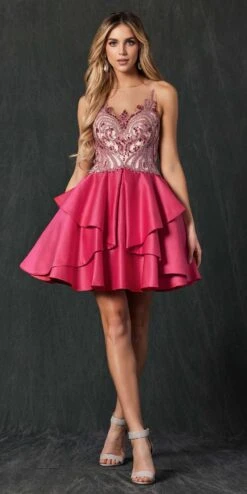 Juliet 760 Embellished Bodice Layered Skirt Short Dress(Juliet 760 Embellished Bodice Layered Skirt Short Prom Dress Fuchsia)