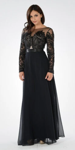 Poly USA | Ed Young 7610 Long Sleeves Illusion Beaded Bodice A-line Dress(Black Long Sleeves Illusion Beaded Bodice A Line Formal Dress)