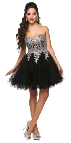 CLEARANCE - Juliet 762 Sweetheart Neckline Poofy Short Dress (Size M)(Black Silver Sweetheart Neckline Poofy Short Prom Dress) -Dress Promotion Store 762 juliet dress black