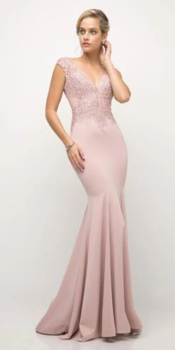 CLEARANCE - Cinderella Divine 770 V-Neckline Lace Bodice Evening Gown (Size S)(Cinderella Divine 770 Dusty Rose V Neckline Lace Bodice Fit And Flare Evening Gown)