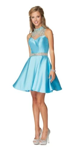 Juliet 770 High Beaded Neckline Sleeveless Short A-Line Satin Dress(Juliet 770 High Beaded Neckline Short Prom Dress Navy Blue Sleeveless) -Dress Promotion Store 770 juliet turquoise
