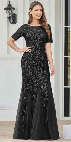 Amelia Couture 7707 Long Trumpet Skirt Short Sleeve Scoop Neckline Dress(Amelia Couture 7707 Long Trumpet Skirt Short Sleeve Scoop Neckline Dress) -Dress Promotion Store 7707 BLACK