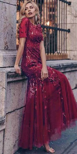 Amelia Couture 7707 Long Trumpet Skirt Short Sleeve Scoop Neckline Dress(Amelia Couture 7707 Long Trumpet Skirt Short Sleeve Scoop Neckline Dress) -Dress Promotion Store 7707 BURGUNDY