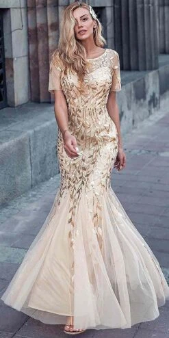 Amelia Couture 7707 Long Trumpet Skirt Short Sleeve Scoop Neckline Dress(Amelia Couture 7707 Long Trumpet Skirt Short Sleeve Scoop Neckline Dress) -Dress Promotion Store 7707 CHAMPAGNE