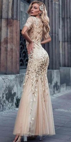 Amelia Couture 7707 Long Trumpet Skirt Short Sleeve Scoop Neckline Dress(Amelia Couture 7707 Long Trumpet Skirt Short Sleeve Scoop Neckline Dress) -Dress Promotion Store 7707 CHAMPAGNE BACK