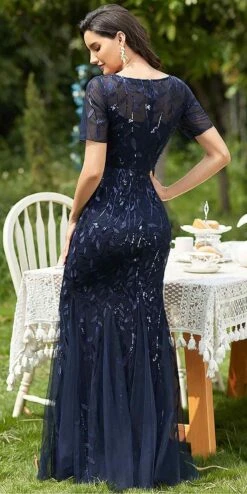 Amelia Couture 7707 Long Trumpet Skirt Short Sleeve Scoop Neckline Dress(Amelia Couture 7707 Long Trumpet Skirt Short Sleeve Scoop Neckline Dress) -Dress Promotion Store 7707 NAVY BACK