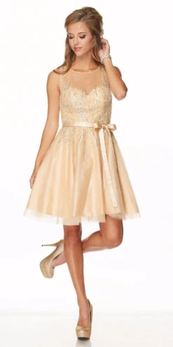 CLEARANCE - Juliet 776 Sequins Embellished Bodice Illusion Short Dress (Size M)(Sequins Embellished Bodice Illusion Short Prom Dress Gold) -Dress Promotion Store 776 juliet dress gold 3c3c640a 244c 43cf a6a5 f43a6eeb7497
