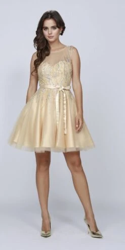 CLEARANCE - Juliet 776 Sequins Embellished Bodice Illusion Short Dress (Size M)(Sequins Embellished Bodice Illusion Short Prom Dress Gold)