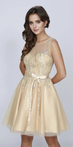 CLEARANCE - Juliet 776 Sequins Embellished Bodice Illusion Short Dress (Size M)(Sequins Embellished Bodice Illusion Short Prom Dress Gold) -Dress Promotion Store 776 juliet gold zoom