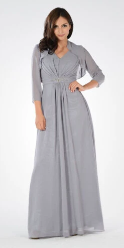 Poly USA | Ed Young 7770 V-Neck Shirred Bodice Embellished Waist Dress(Royal Blue V Neck Shirred Bodice Embellished Waist Formal Dress) -Dress Promotion Store 7770po gray 34ff2d8e b3bd 461c 88cc 2553238d1449