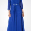 Poly USA | Ed Young 7770 V-Neck Shirred Bodice Embellished Waist Dress(Royal Blue V Neck Shirred Bodice Embellished Waist Formal Dress)