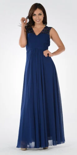 Poly USA | Ed Young 7874 V-Neck Embellished Pleated Bodice Empire Waist Dress(V Neck Embellished Pleated Bodice Empire Waist Formal Dress Long Navy Blue)