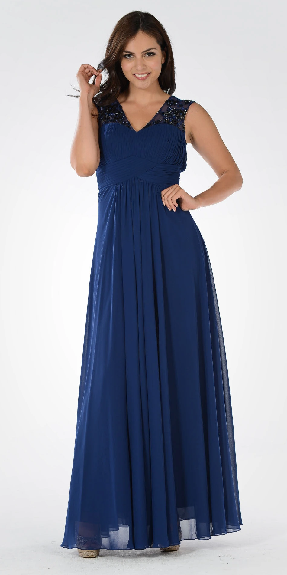 Poly USA | Ed Young 7874 V-Neck Embellished Pleated Bodice Empire Waist Dress(V Neck Embellished Pleated Bodice Empire Waist Formal Dress Long Navy Blue) 3 Poly USA | Ed Young 7874 V-Neck Embellished Pleated Bodice Empire Waist Dress(V Neck Embellished Pleated Bodice Empire Waist Formal Dress Long Navy Blue)