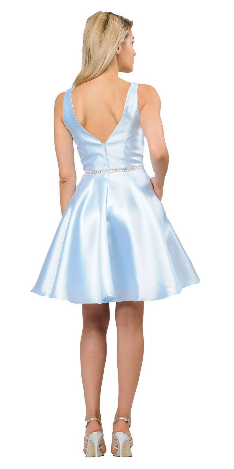 Poly USA | Ed Young 7894 Satin V-Neck Embellished Waist Short A-Line Dress(Light Blue Satin V Neck Embellished Waist A Line Homecoming Dress Short) 4 Poly USA | Ed Young 7894 Satin V-Neck Embellished Waist Short A-Line Dress(Light Blue Satin V Neck Embellished Waist A Line Homecoming Dress Short) - Image 2
